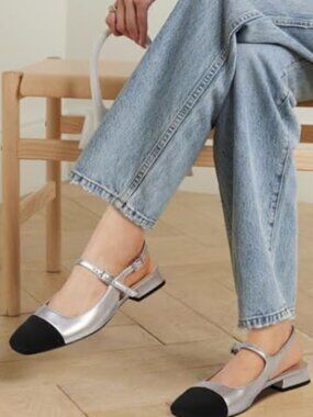 Marc Fisher Dela Slingback Flats Cap Toe Metallic Silver Black - Size 7M